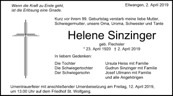 Traueranzeige von Helene Sinzinger