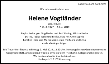 Traueranzeige von Helene Vogtländer von Schwäbische Post