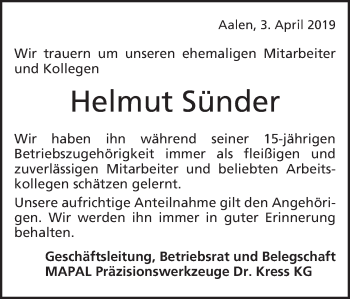 Traueranzeige von Helmut Sünder von Schwäbische Post