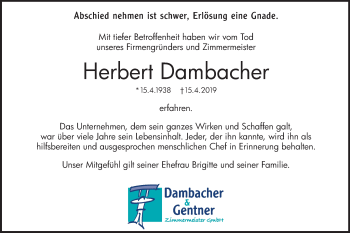 Traueranzeige von Herbert Dambacher von Schwäbische Post