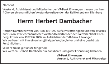 Traueranzeige von Herbert Dambacher von Schwäbische Post