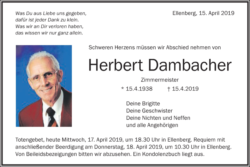  Traueranzeige für Herbert Dambacher vom 17.04.2019 aus Schwäbische Post