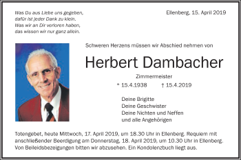 Traueranzeige von Herbert Dambacher von Schwäbische Post