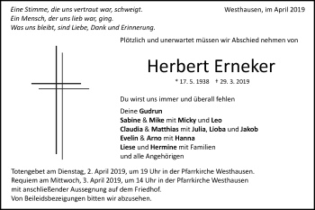 Traueranzeige von Herbert Erneker von Schwäbische Post