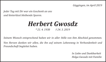 Traueranzeige von Herbert Gwosdz von Gmünder Tagespost