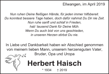 Traueranzeige von Herbert Haisch von Schwäbische Post