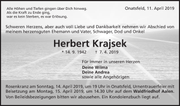 Traueranzeige von Herbert Krajsek von Schwäbische Post