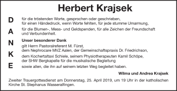 Traueranzeige von Herbert Krajsek von Schwäbische Post