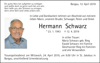 Traueranzeige von Hermann Schwarz von Gmünder Tagespost