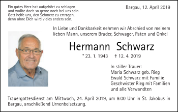 Traueranzeige von Hermann Schwarz