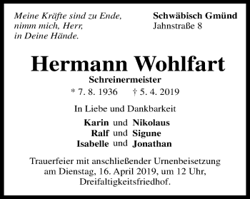 Traueranzeige von Hermann Wohlfart von Gmünder Tagespost