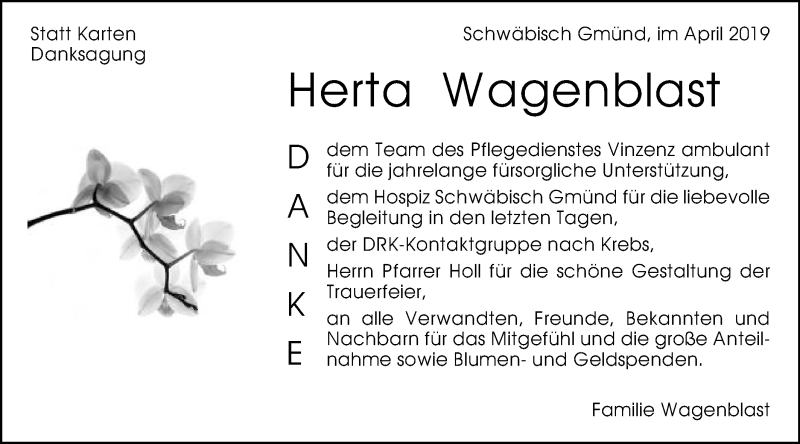  Traueranzeige für Herta Wagenblast vom 01.04.2019 aus Gmünder Tagespost