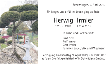 Traueranzeige von Herwig Irmler von Gmünder Tagespost