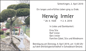 Traueranzeige von Herwig Irmler