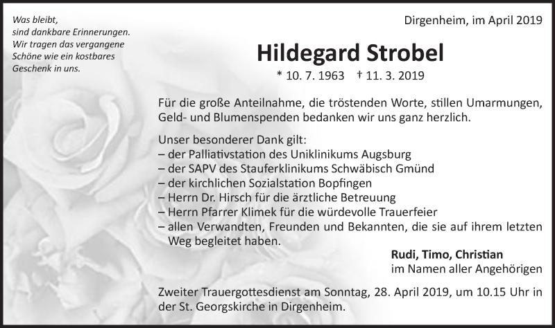  Traueranzeige für Hildegard Strobel vom 20.04.2019 aus Schwäbische Post