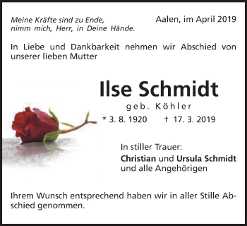 Traueranzeige von Ilse Schmidt von Schwäbische Post