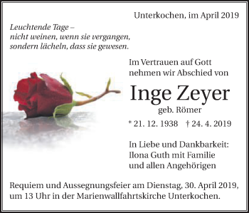 Traueranzeige von Inge Zeyer von Schwäbische Post