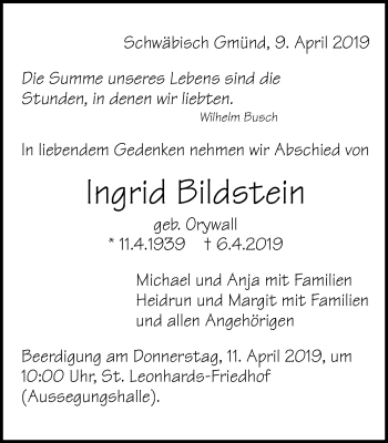Traueranzeige von Ingrid Bildstein von Gmünder Tagespost