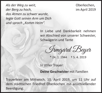 Traueranzeige von Irmgard Beyer von Schwäbische Post