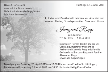 Traueranzeige von Irmgard Rupp von Schwäbische Post