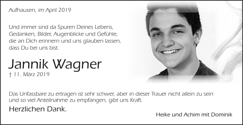  Traueranzeige für Jannik Wagner vom 10.04.2019 aus Schwäbische Post