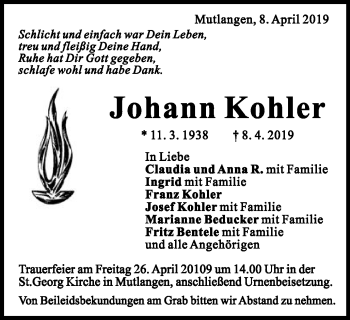 Traueranzeige von Johann Kohler von Gmünder Tagespost