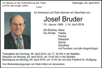 Traueranzeige von Josef Bruder von Schwäbische Post