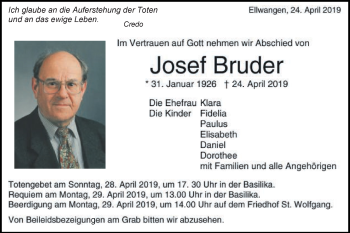 Traueranzeige von Josef Bruder