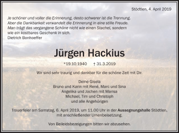 Traueranzeige von Jürgen Hackius von Schwäbische Post