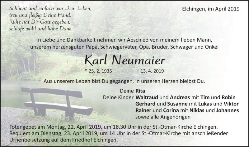  Traueranzeige für Karl Neumaier vom 18.04.2019 aus Schwäbische Post
