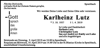 Traueranzeige von Karlheinz Lutz von Gmünder Tagespost