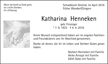 Traueranzeige von Katharina Henneken von Gmünder Tagespost