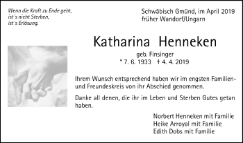 Traueranzeige von Katharina Henneken