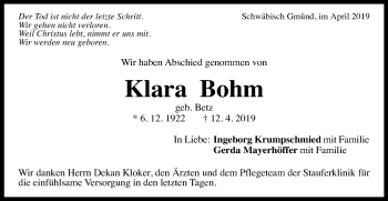 Traueranzeige von Klara Bohm von Gmünder Tagespost