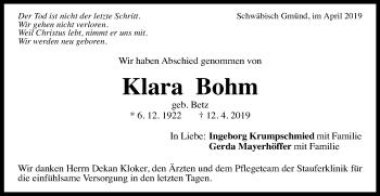 Traueranzeige von Klara Bohm