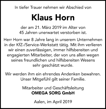 Traueranzeige von Klaus Horn von Schwäbische Post
