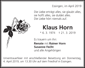 Traueranzeige von Klaus Horn von Schwäbische Post