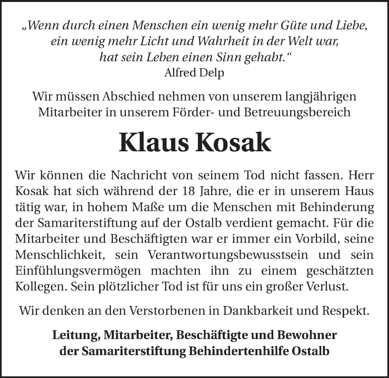  Traueranzeige für Klaus Kosak vom 09.04.2019 aus OstalbTrauer