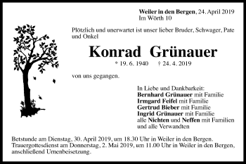 Traueranzeige von Konrad Grünauer von Gmünder Tagespost