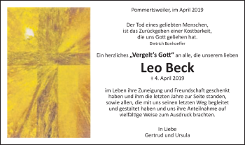 Traueranzeige von Leo Beck von Schwäbische Post