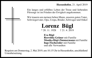 Traueranzeige von Lorenz Bügl von Gmünder Tagespost