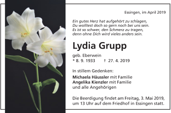 Traueranzeige von Lydia Grupp von Schwäbische Post