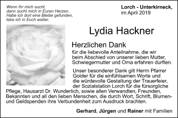 Traueranzeige von Lydia Hackner von Gmünder Tagespost