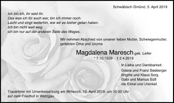 Traueranzeige von Magdalena Maresch von Gmünder Tagespost