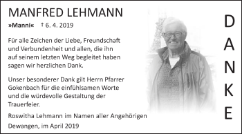 Traueranzeige von Manfred Lehmann von Schwäbische Post