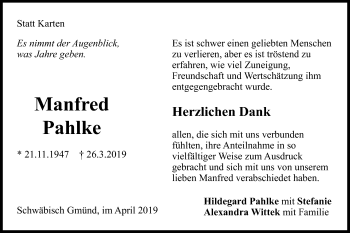 Traueranzeige von Manfred Pahlke von Gmünder Tagespost