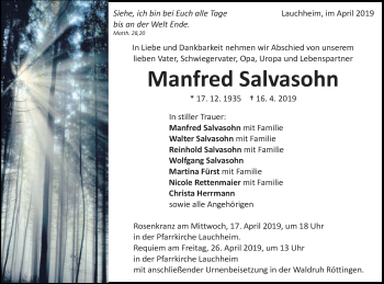 Traueranzeige von Manfred Salvasohn von Schwäbische Post