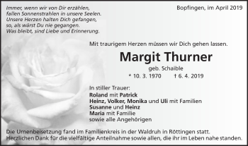 Traueranzeige von Margit Thurner von Schwäbische Post