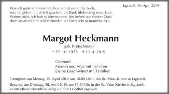 Traueranzeige von Margot Heckmann von Schwäbische Post
