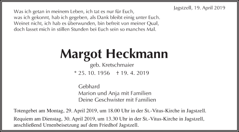  Traueranzeige für Margot Heckmann vom 24.04.2019 aus Schwäbische Post